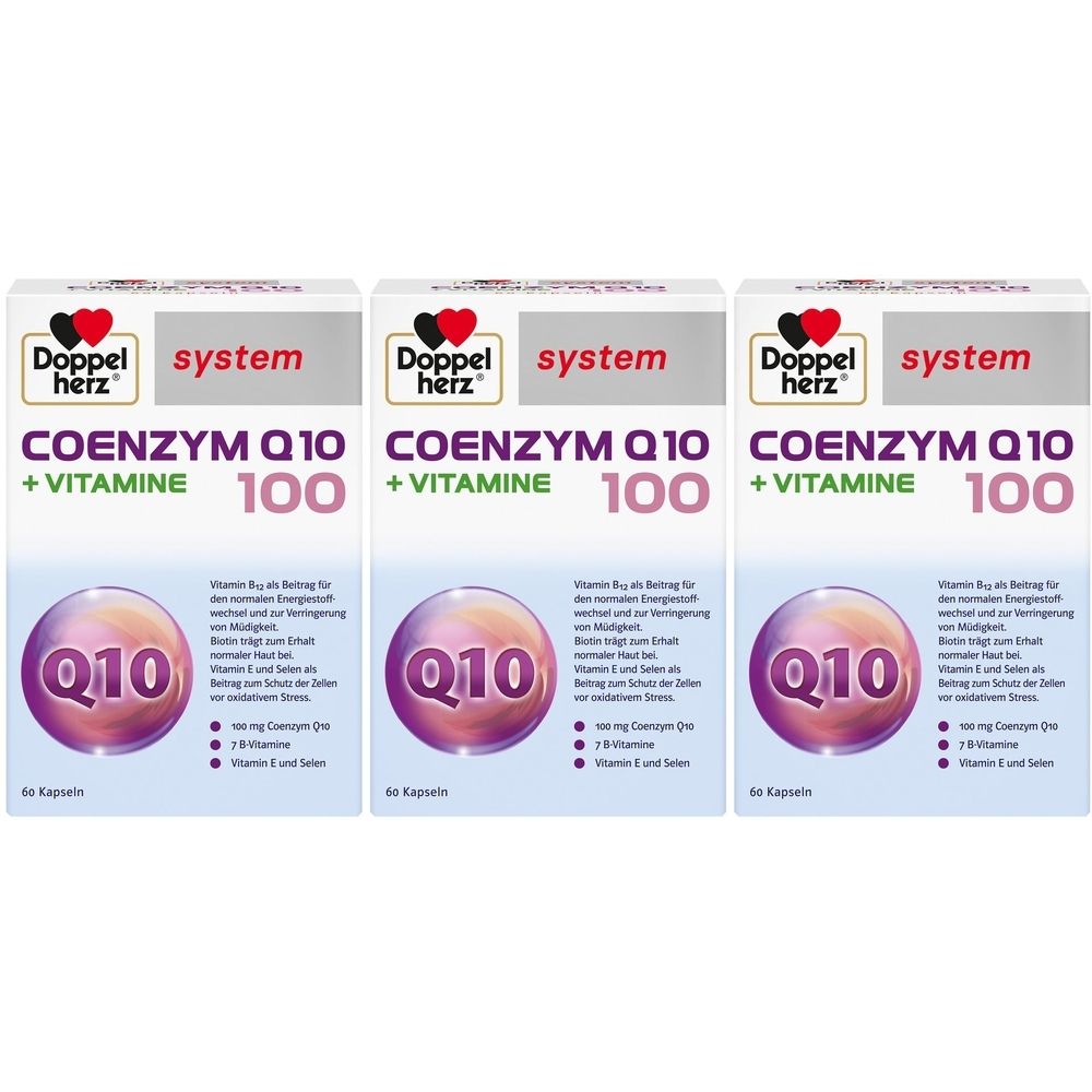 Trois boîtes de Doppelherz system Coenzyme Q10 + Vitamines. Boîtes blanches avec nom du produit et graphique Q10. 60 gélules.