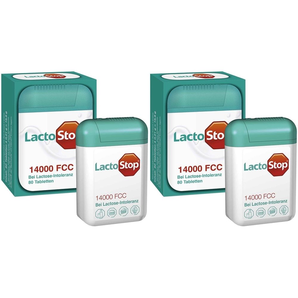 Zwei Packungen und zwei Tablettenbehälter. Aufschrift LactoStop, 14000 FCC. Grün-weiße Verpackung. Tablettenbehälter mit grünem Deckel.