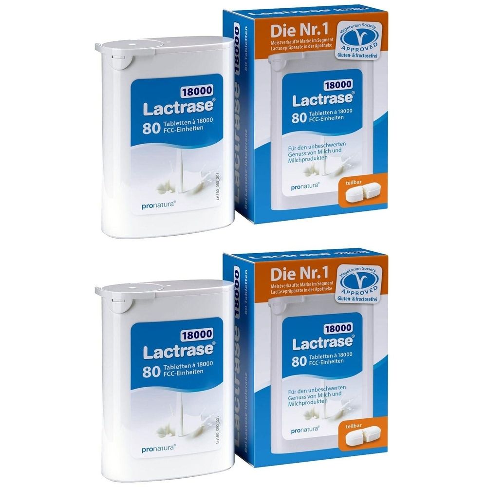 Deux boîtes de Lactrase. Comprimés blancs dans un flacon blanc et une boîte bleue avec du texte.