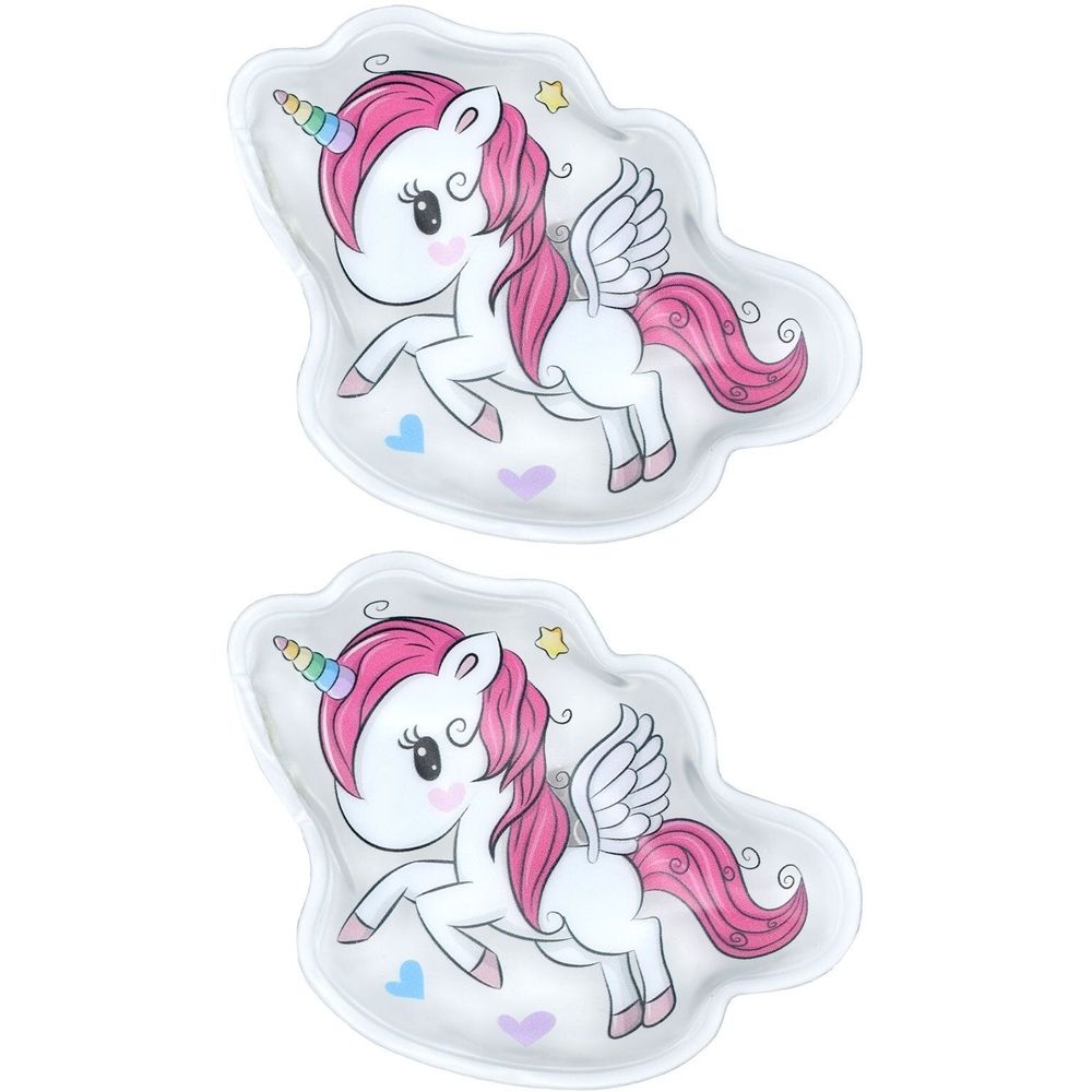 Zwei Handwärmer mit Einhorn-Motiv, weiß mit rosa Mähne und Flügeln.