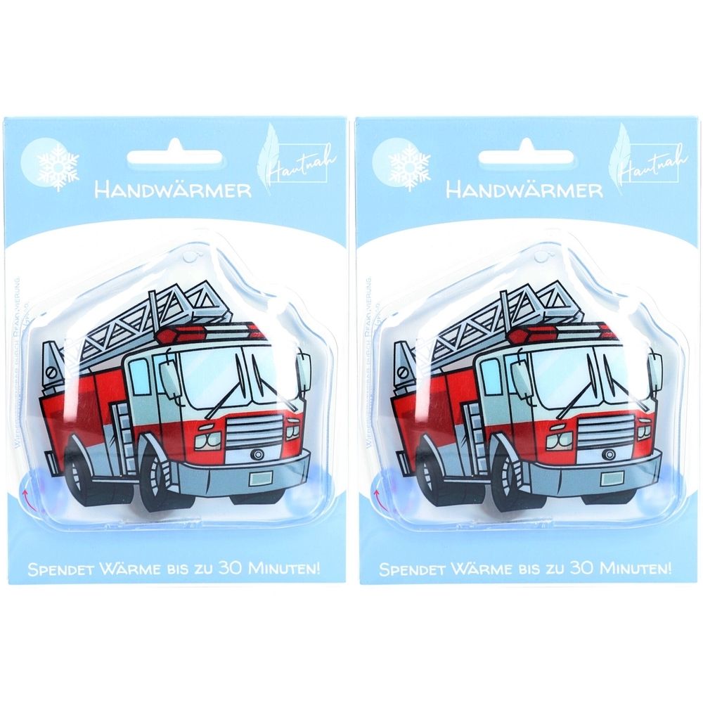 Deux chauffe-mains en forme de camion de pompiers, emballés sous blister. Inscription : Handwärmer. Texte : Spendet Wärme bis zu 30 Minuten!
