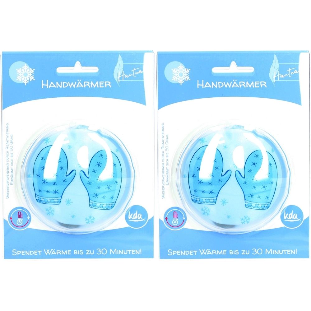 Deux emballages de chauffe-mains. Emballage bleu avec motif de gants. Texte : Handwärmer, kda, Spendet Wärme bis zu 30 Minuten.