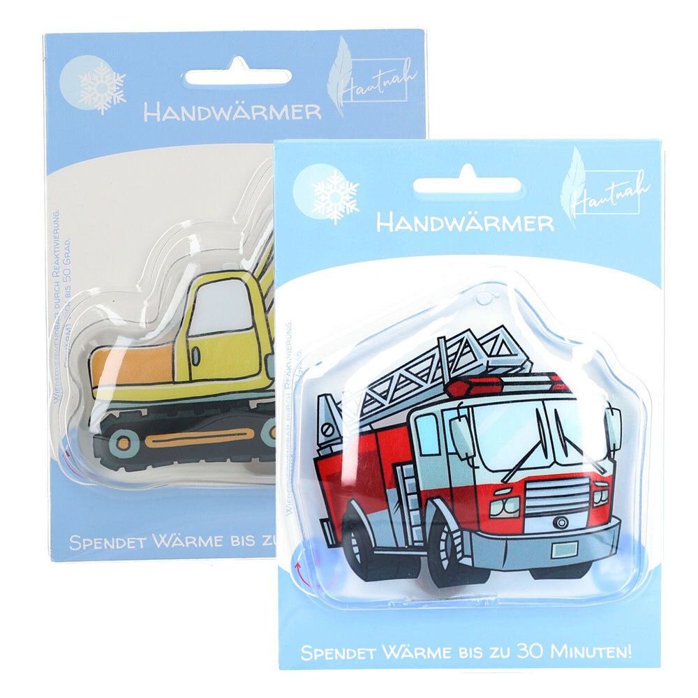 Deux sets chauffe-mains. L'un représente une pelle mécanique, l'autre un camion de pompiers. Emballage blister avec l'inscription "Handwärmer".
