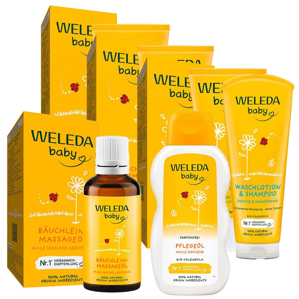 Ensemble de soins pour bébé Weleda. Emballages et flacons jaunes. Produits avec l'inscription "Baby" et "Bäuchlein Massageöl".