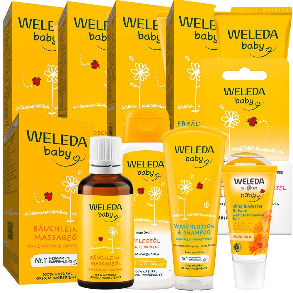 Weleda Baby Pflege-Set. Mehrere gelbe Verpackungen und Flaschen. Produkte mit Aufschrift "baby" und "Calendula".
