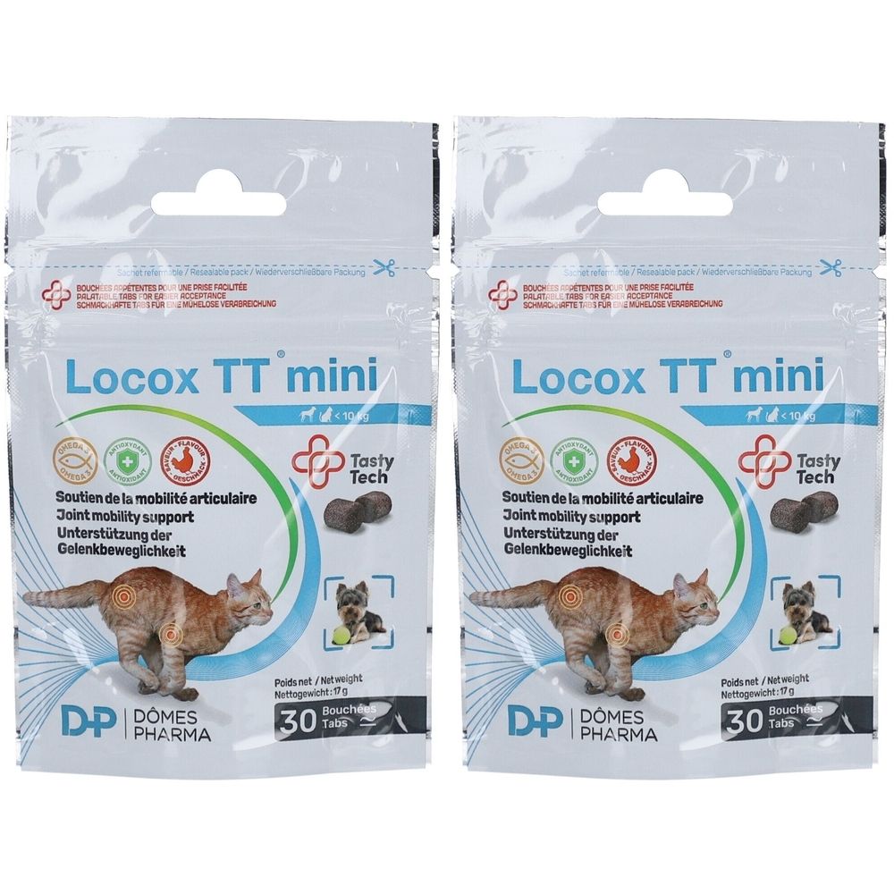 Zwei Beutel mit "Locox TT mini"-Aufdruck. Text in Deutsch, Englisch und Französisch. Abbildungen von Katze und Hund. 30 Tabletten.