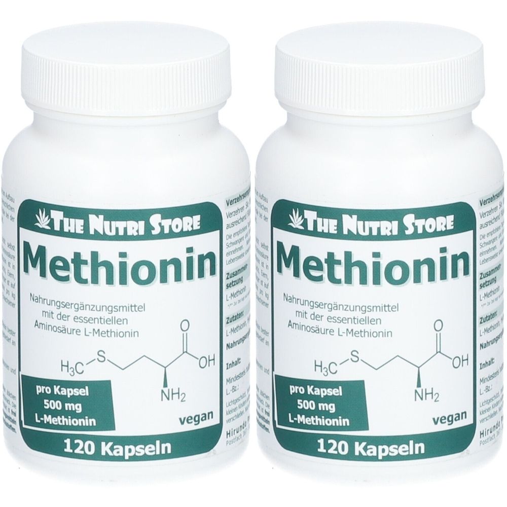 Zwei weiße Flaschen mit dem Aufdruck "Methionin". Auf jeder Flasche steht "The Nutri Store" und "120 Kapseln".