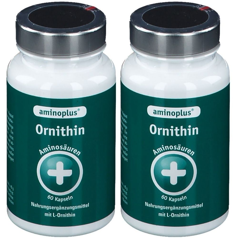 Deux flacons d'aminoplus® Ornithine. Flacons blancs avec étiquette verte et couvercle argenté. Inscription : Ornithine, Acides aminés, 60 gélules.