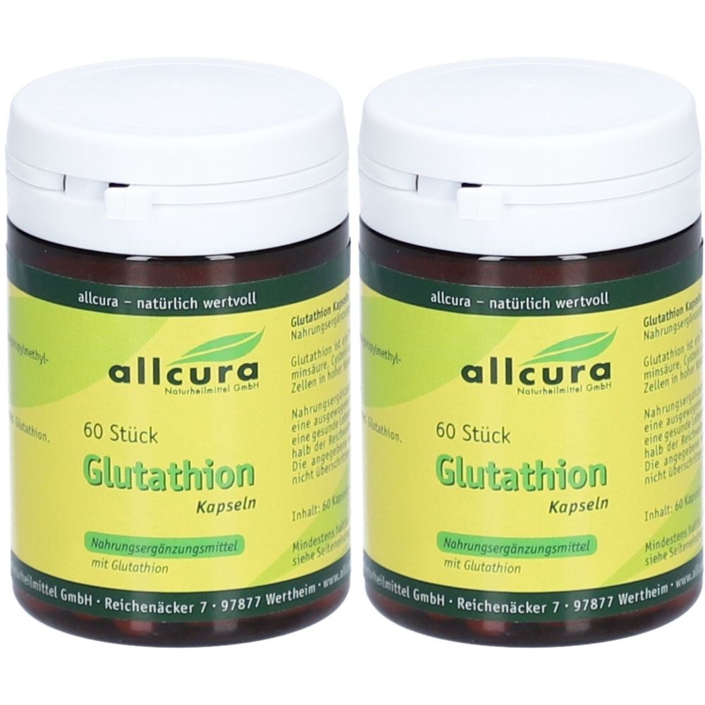 Zwei Dosen allcura Glutathion Kapseln, je 60 Stück. Nahrungsergänzungsmittel mit Glutathion.