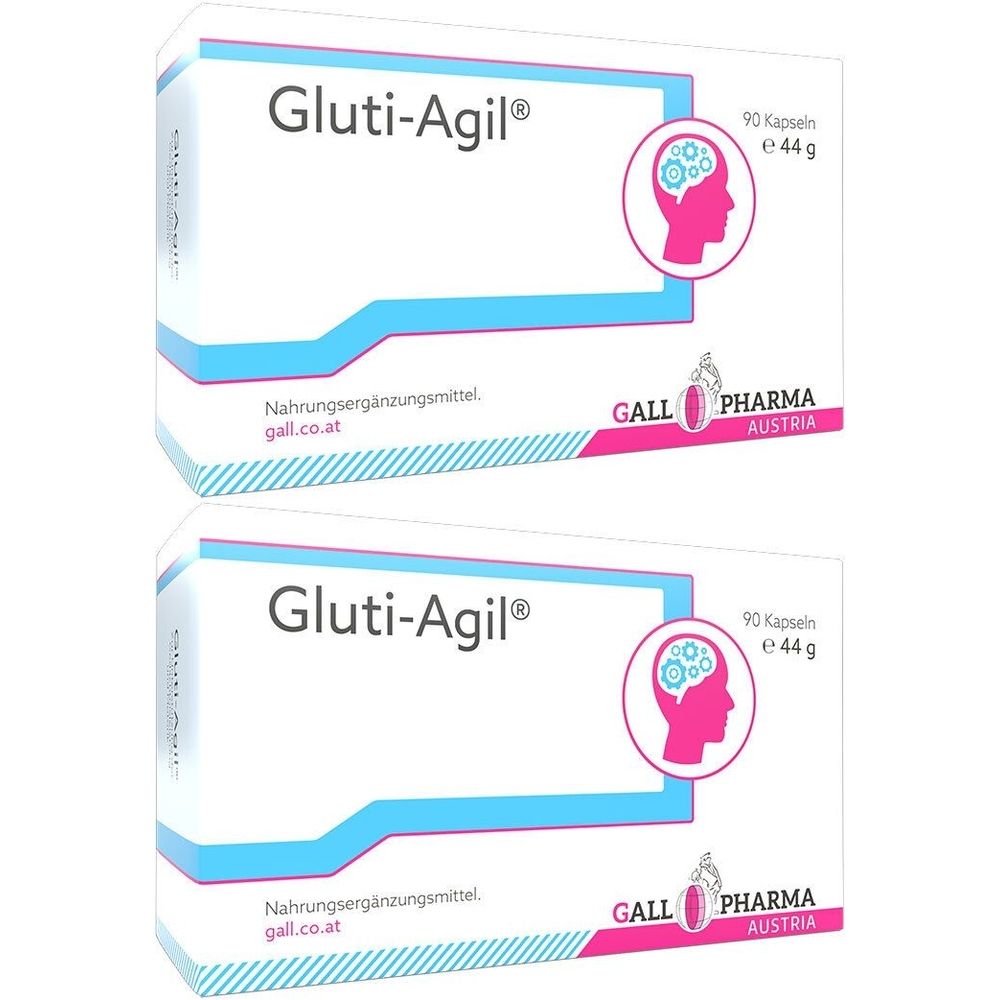 Zwei Schachteln Gluti-Agil®. Weiße Verpackung mit blauem und rosa Design. Enthält 90 Kapseln. Marke: GALL PHARMA AUSTRIA.