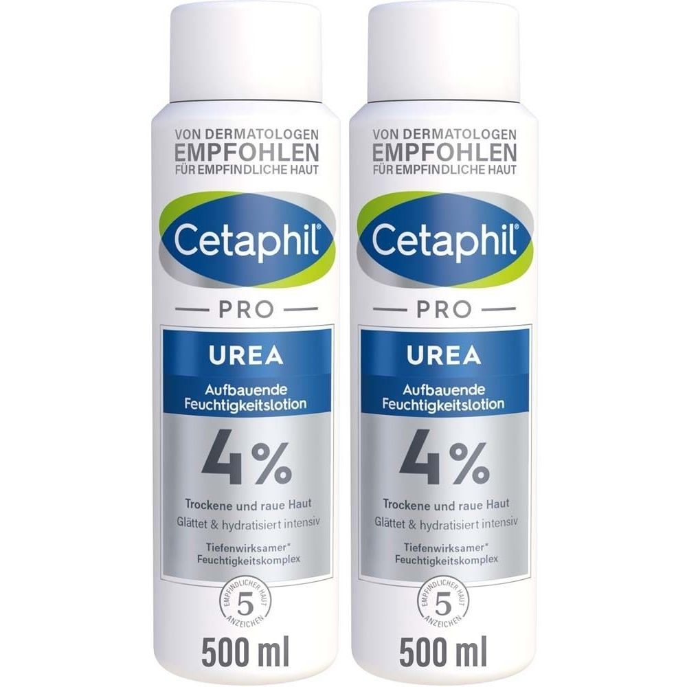 Deux flacons blancs de lotion hydratante CETAPHIL PRO Urea. Inscription : 4%, pour peaux sèches. 500 ml.
