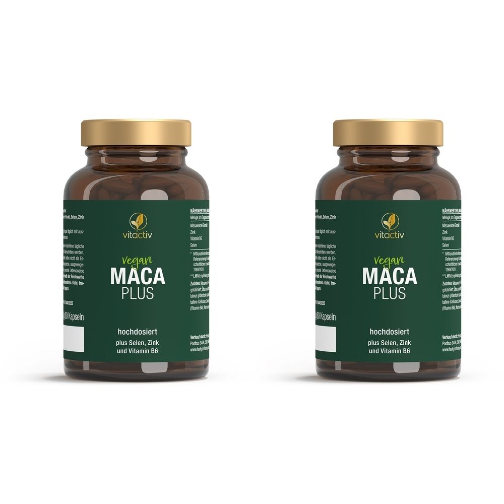 Zwei braune Glasflaschen mit goldenen Deckeln. Auf den Etiketten steht "Vegan MACA PLUS" und "Vitactiv".