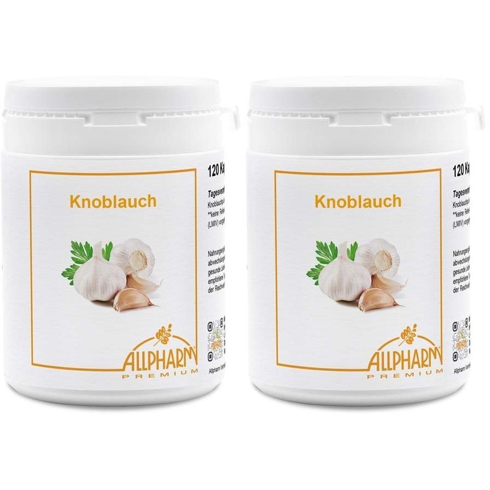 Deux contenants blancs avec couvercles. Inscription: Knoblauch, image d'ail, logo ALLPHARM PREMIUM.