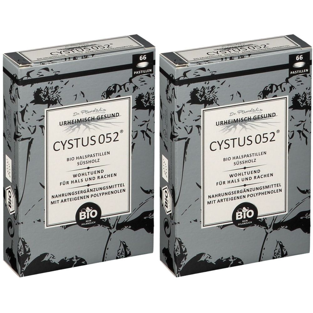 Deux boîtes grises avec "CYSTUS 052". Contient 66 pastilles. Certification bio. Texte : "Bienfaisant pour la gorge et la gorge".