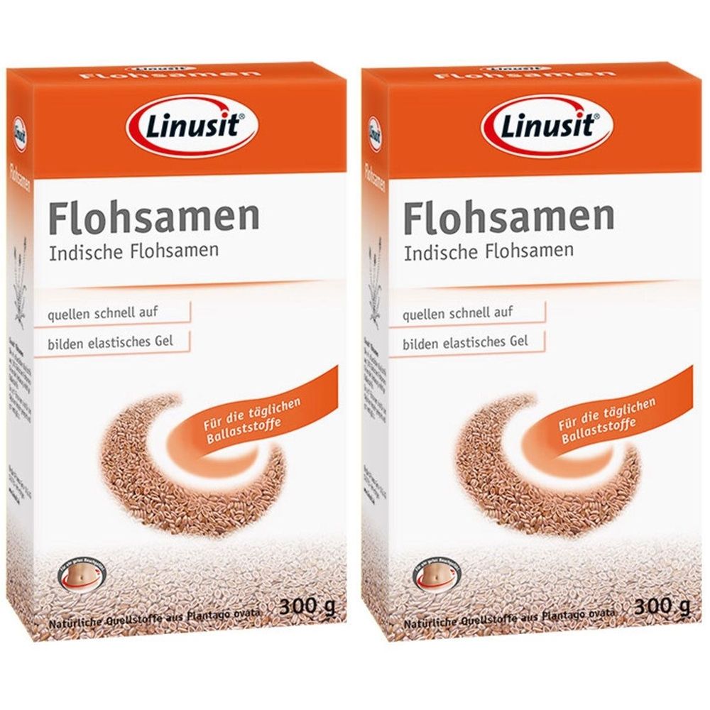 Deux boîtes de "Linusit Flohsamen". Couvercle orange, fond blanc. Texte : "Indische Flohsamen", "300 g".