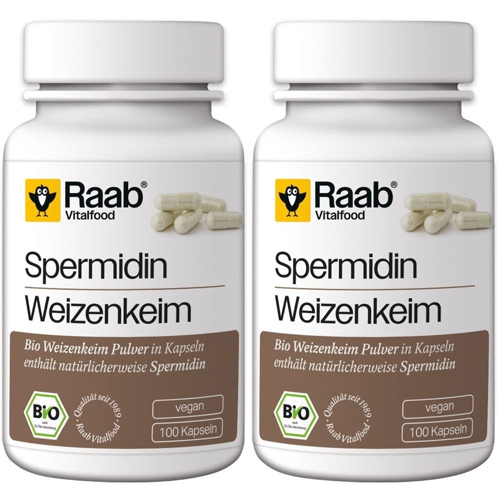Zwei weiße Flaschen mit Kapseln. Aufschrift: Raab Vitalfood, Spermidin Weizenkeim, Bio, vegan, 100 Kapseln. Braunes Etikett.