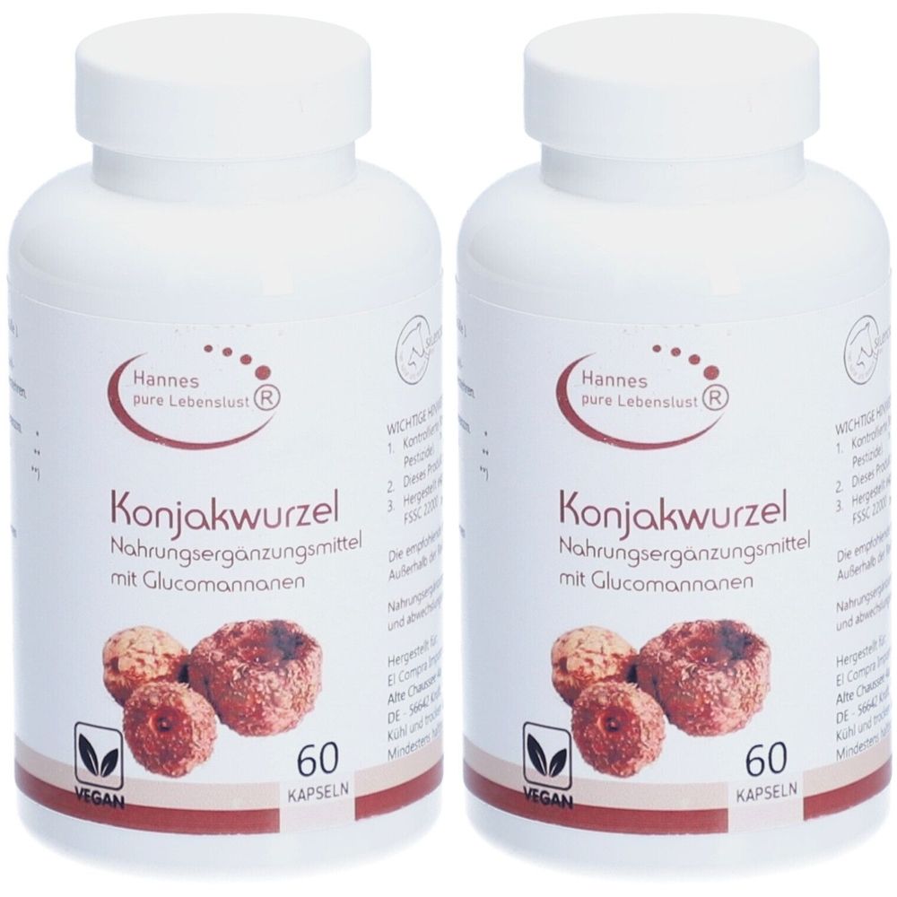 Deux flacons blancs. Inscription: Konjakwurzel Nahrungsergänzungsmittel mit Glucomannanen. Marque: Hannes. Label végan. 60 gélules.