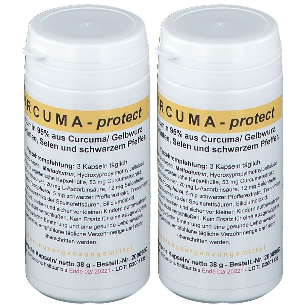 Zwei weiße Pillendosen mit gelbem Etikett. Aufschrift: Curcuma-protect. Enthält Kurkuma, Selen und schwarzen Pfeffer. Kapseln.