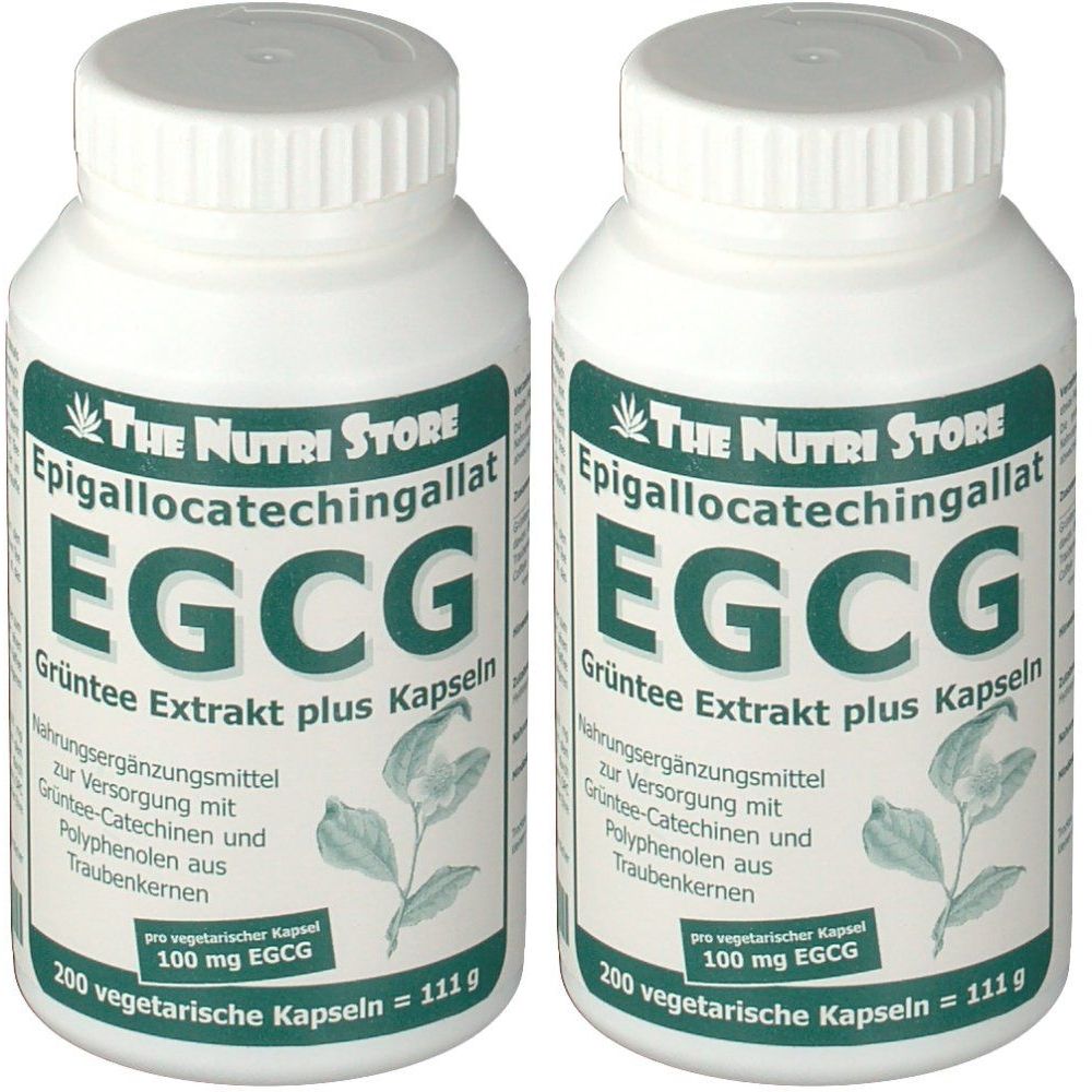 Deux flacons blancs avec étiquette verte. Inscription : EGCG Extrait de thé vert plus gélules. Contient 200 gélules végétariennes.