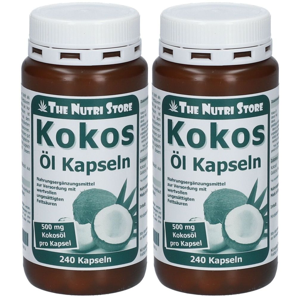 Zwei braune Flaschen mit weißen Deckeln. Auf den Etiketten steht "Kokos Öl Kapseln". Text: 500 mg Kokosöl pro Kapsel, 240 Kapseln.