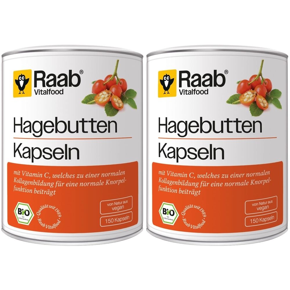 Deux boîtes de gélules de cynorrhodon Raab Vitalfood. Boîtes blanches avec étiquette. Inscription : Hagebutten Kapseln, label bio, 150 gélules.