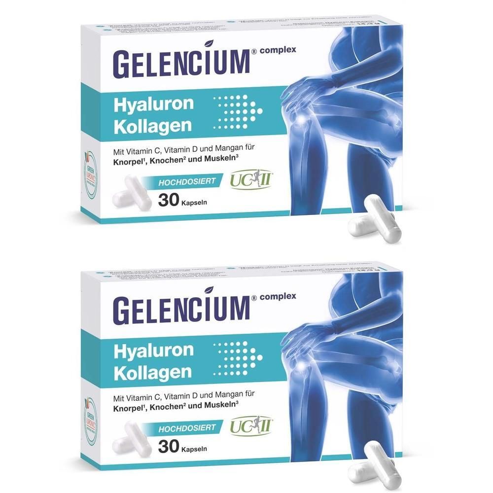 Zwei Packungen GELENCIUM Hyaluron Kollagen mit Vitamin C, 30 Kapseln pro Packung.