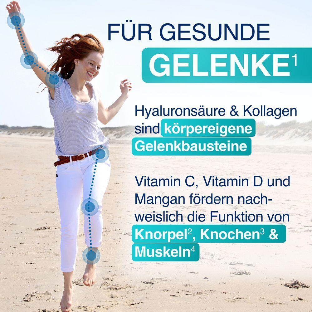 Frau rennt am Strand. Text: Hyaluronsäure & Kollagen sind körpereigene Gelenkbausteine. Vitamin C, D und Mangan fördern die Funktion.