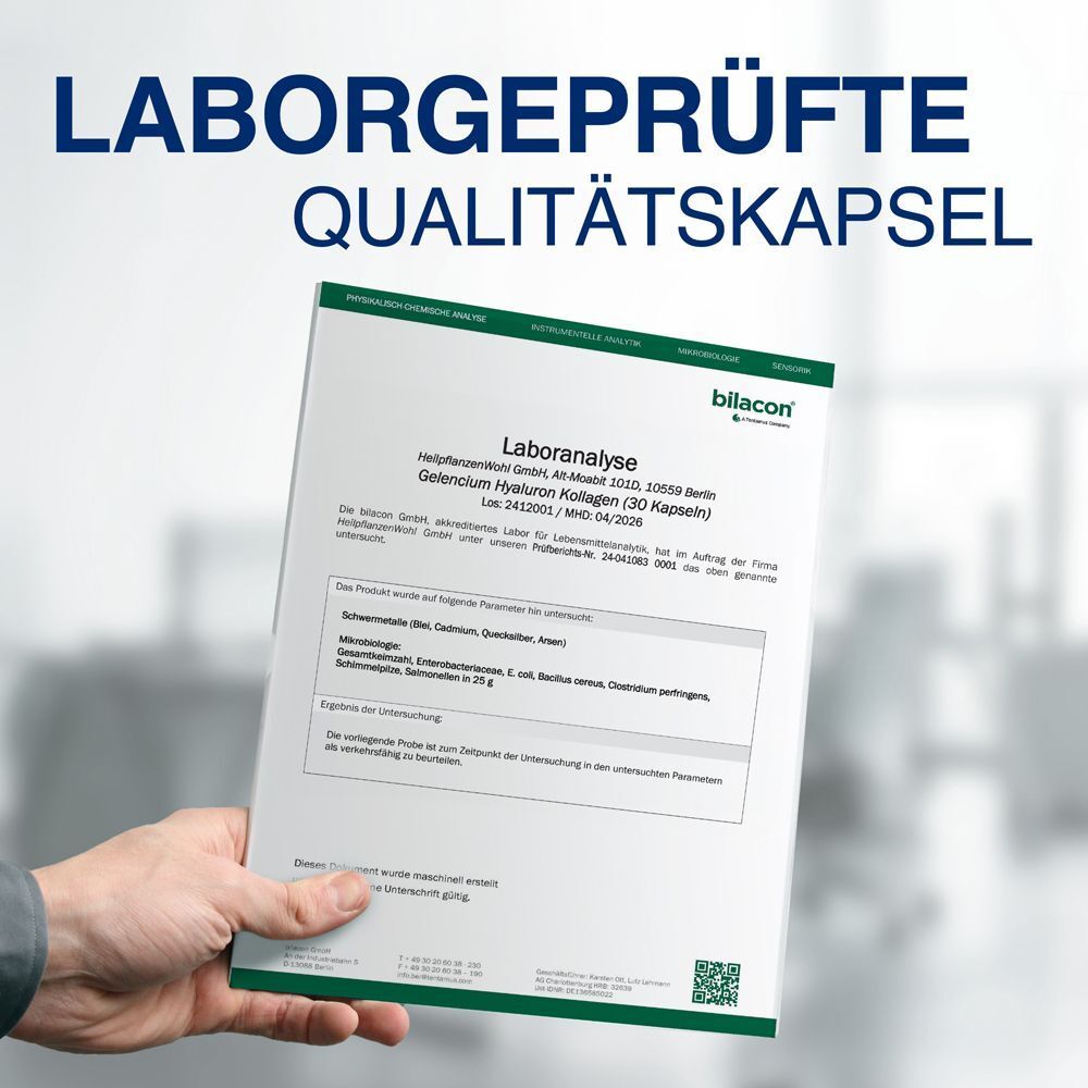 Hand hält Laboranalyse-Zertifikat. Text: Laborgeprüfte Qualitätskapsel. Analyse von GELENCIUM® Hyaluron Kollagen (30 Kapseln).