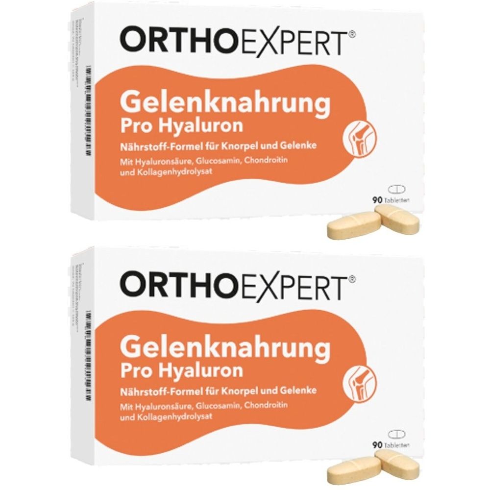 Zwei weiße Schachteln mit orangefarbenem Feld. Aufschrift: Orthoexpert Gelenknahrung Pro Hyaluron. Daneben Tabletten.