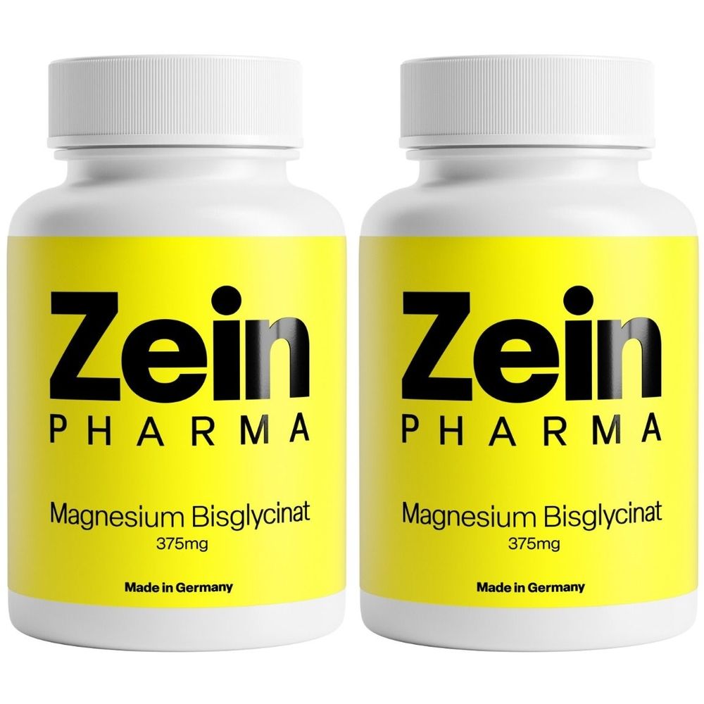 Zwei weiße Flaschen mit gelben Etiketten. Auf den Etiketten steht "Zein Pharma", "Magnesium Bisglycinat 375mg" und "Made in Germany".