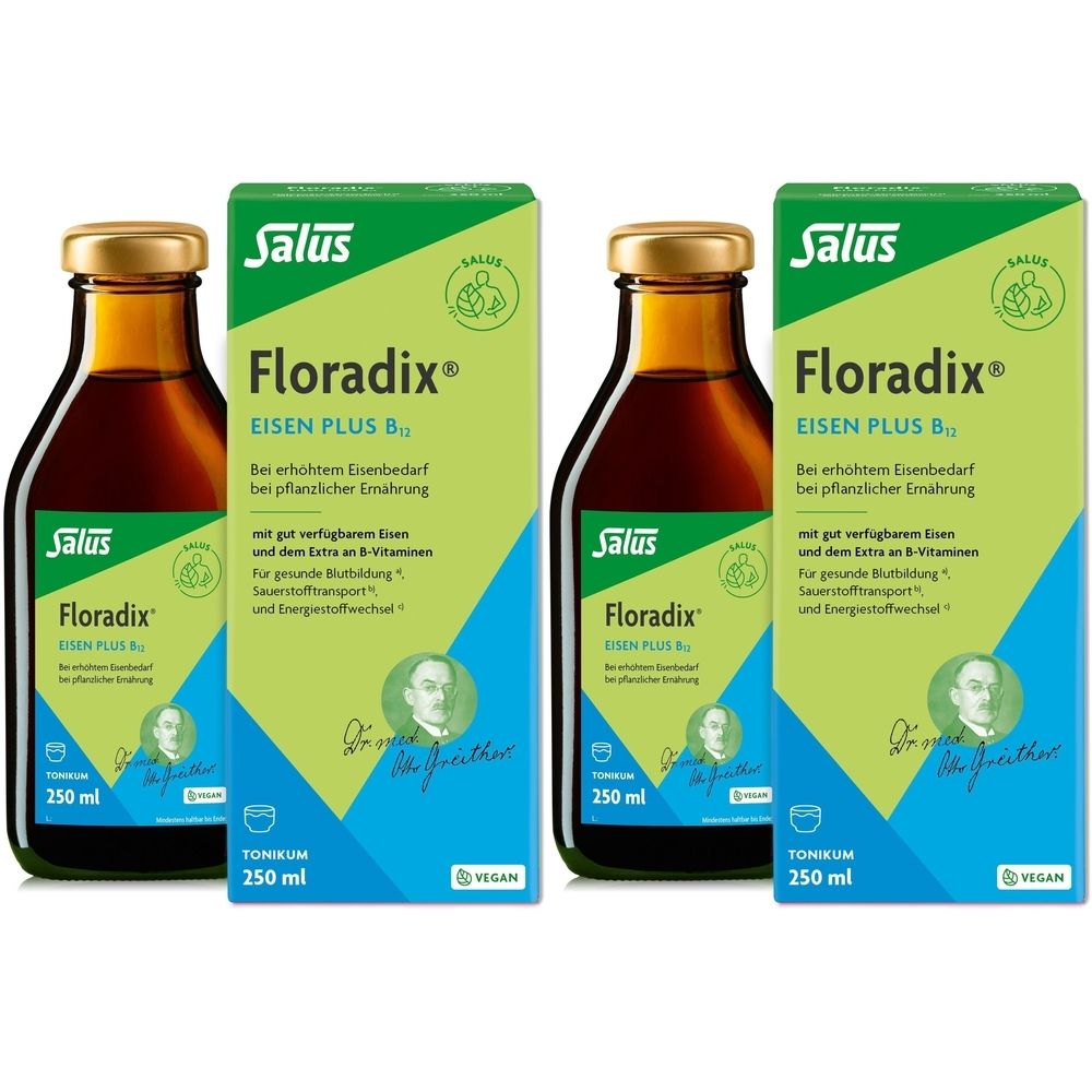 Deux bouteilles et deux boîtes de Salus Floradix Eisen plus B12. Liquide brun dans des bouteilles en verre avec bouchon doré. Boîtes vertes.