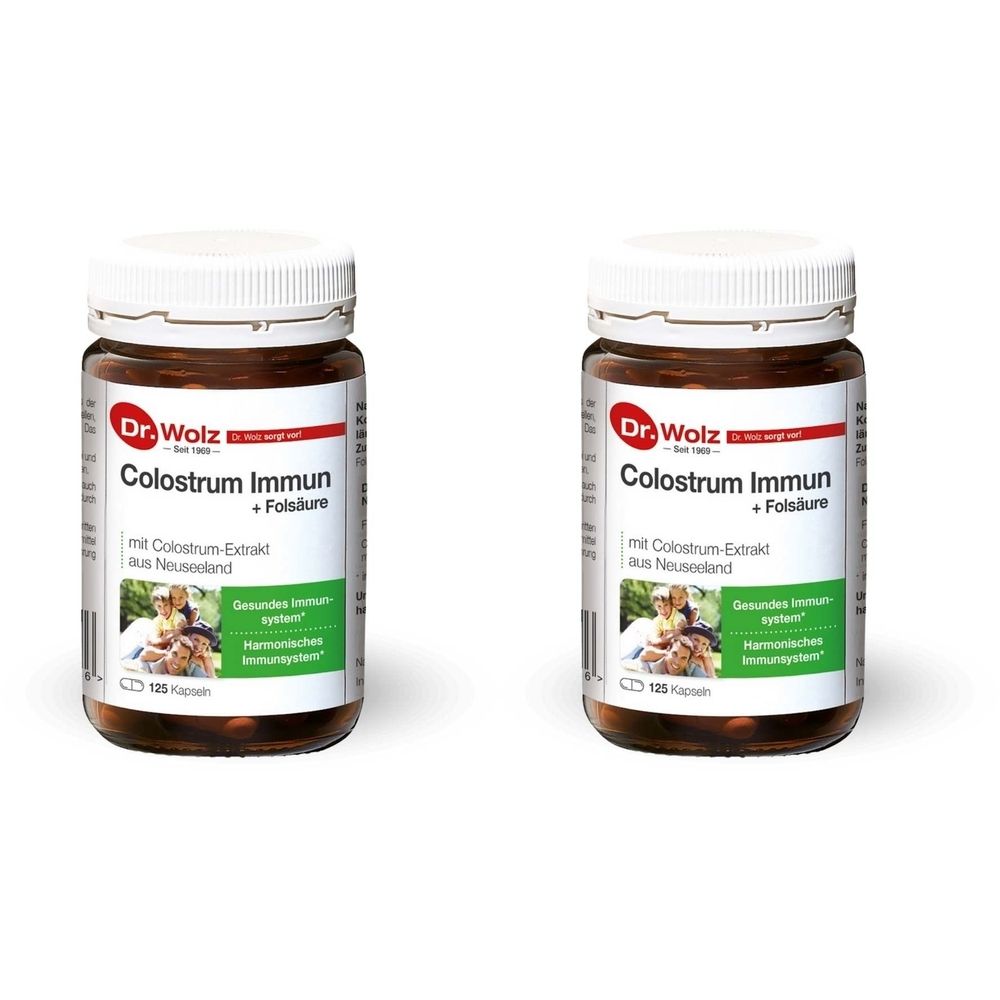 Zwei braune Flaschen mit weißen Deckeln. Auf den Etiketten steht "Dr. Wolz Colostrum Immun + Folsäure".