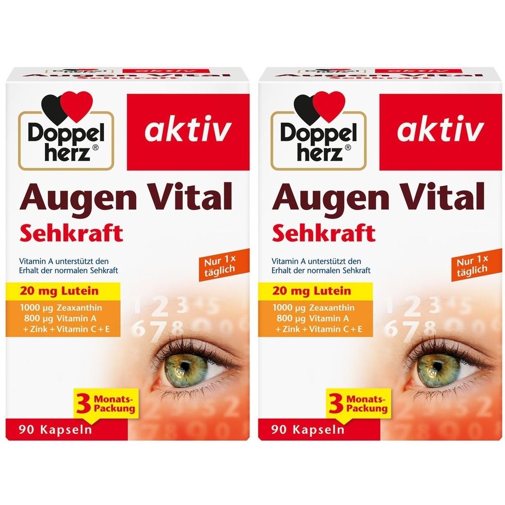 Zwei Packungen Doppelherz Augen Vital Sehkraft. Weiße Schachteln mit rotem Deckel und Produktinformationen. Enthält 90 Kapseln.