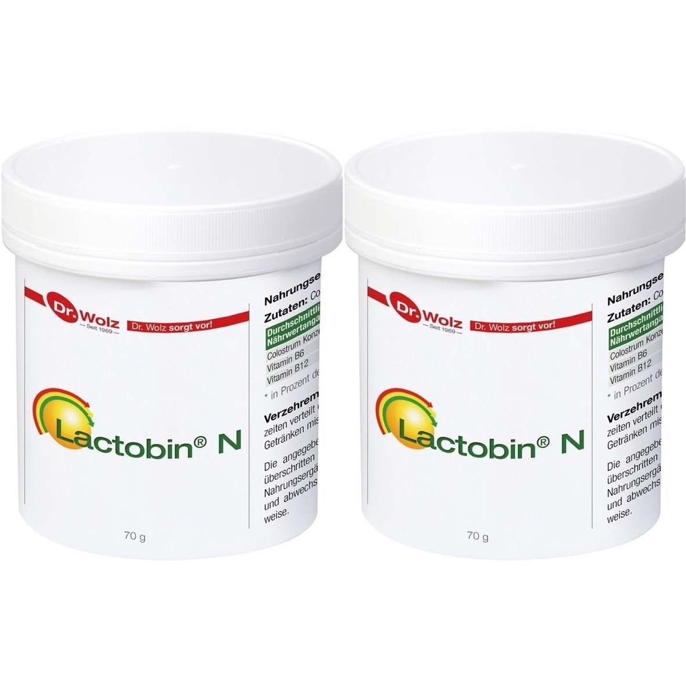 Deux pots blancs avec le nom du produit Lactobin® N. Inscription : Dr. Wolz. Chaque pot contient 70 g. Impression rouge et verte.
