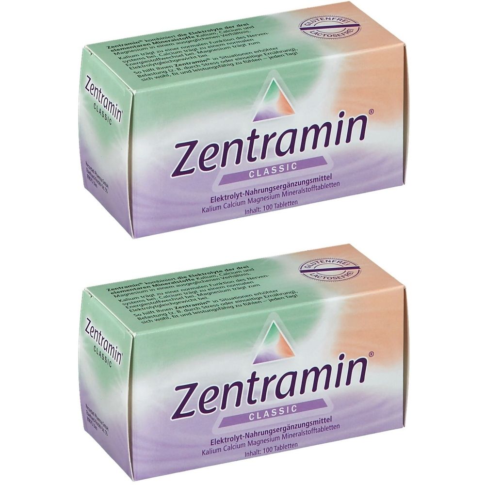 Deux boîtes de comprimés Zentramin classic. Emballage vert-violet avec nom et informations. Contient 100 comprimés.