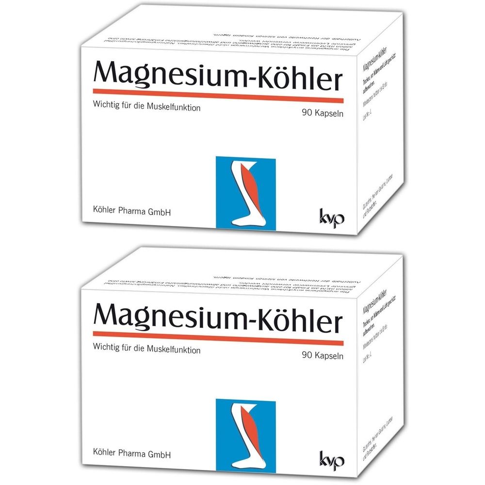 Deux boîtes blanches avec « Magnesium-Köhler ». Texte : « Wichtig für die Muskelfunktion », « 90 Kapseln ». Logo : jambe avec muscle.