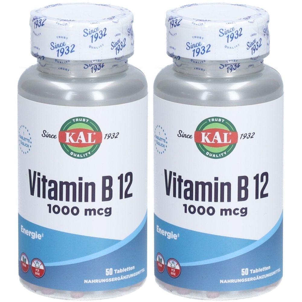 Deux flacons de comprimés de vitamine B12. Inscription : KAL, vitamine B12 1000 mcg. 50 comprimés. Depuis 1932.