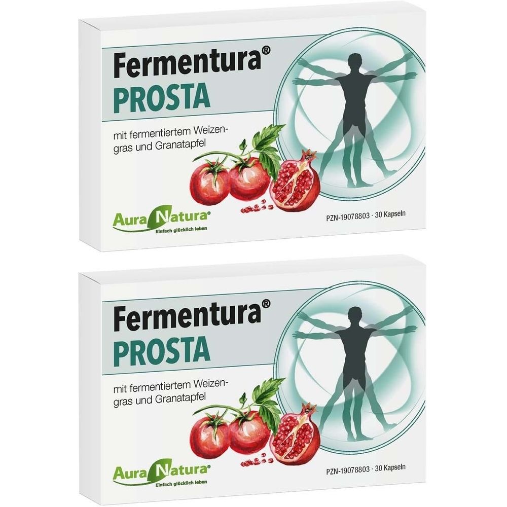 Deux boîtes blanches avec le nom du produit Fermentura® PROSTA. Illustration de grenade et de tomates. Marque Aura Natura.
