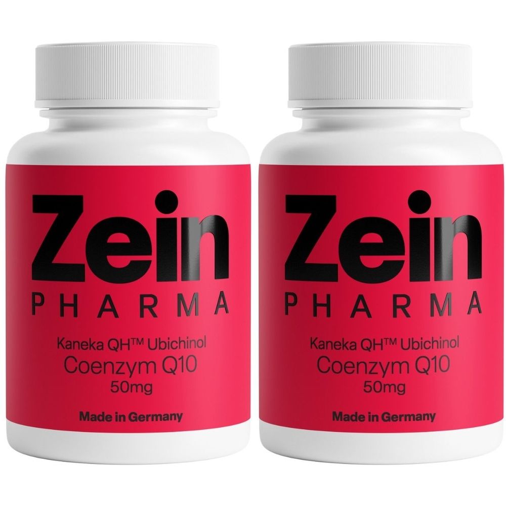 Zwei weiße Flaschen mit rotem Etikett. Auf dem Etikett steht "Zein Pharma", "Kaneka QH™ Ubichinol Coenzym Q10 50mg" und "Made in Germany".