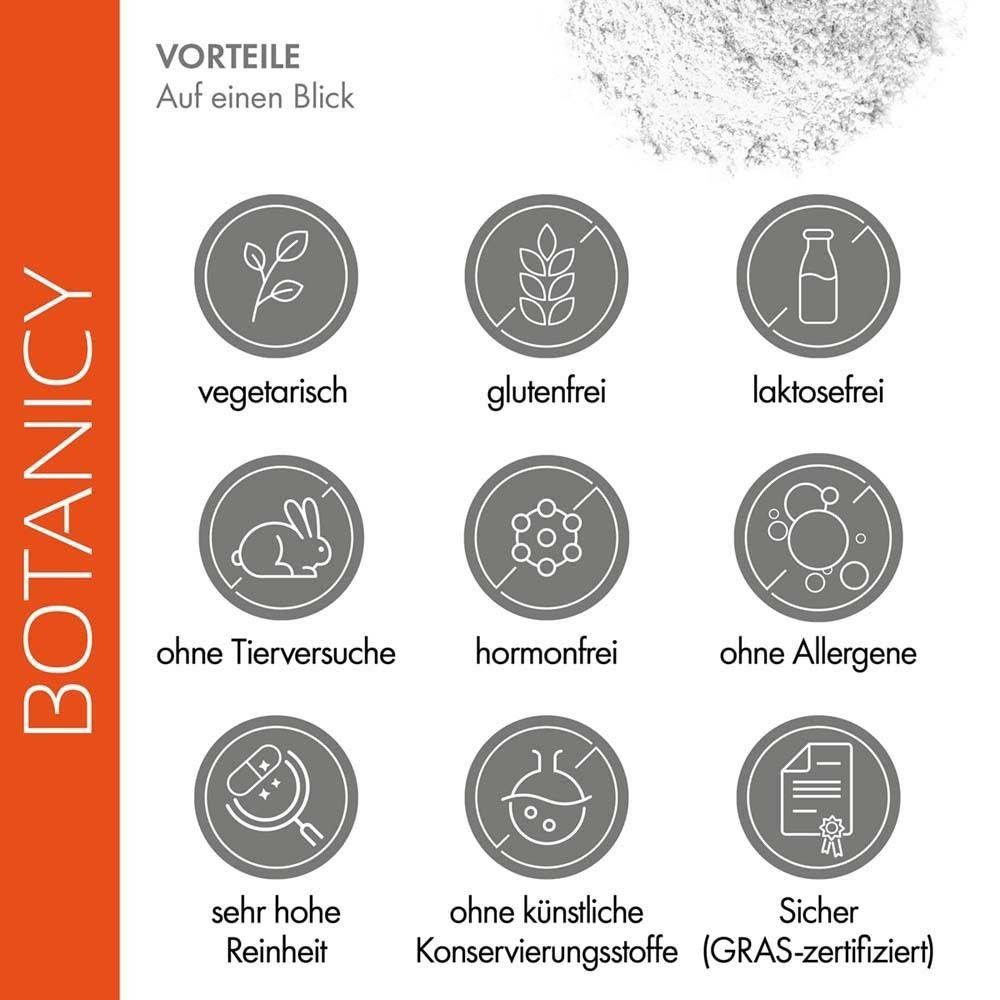 Kreisförmige Symbole: vegetarisch, glutenfrei, laktosefrei, ohne Tierversuche, hormonfrei, ohne Allergene, sehr hohe Reinheit, ohne Konservierungsstoffe, GRAS-zertifiziert.