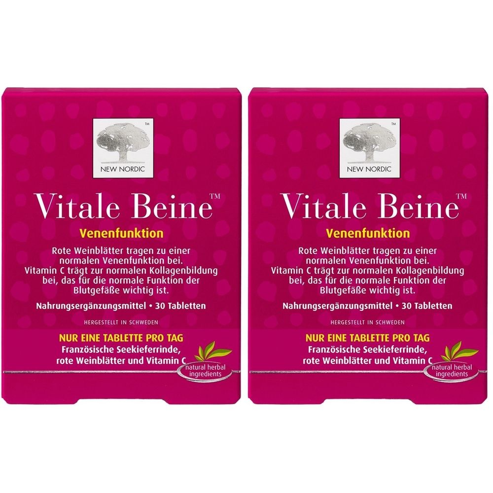 Deux boîtes rectangulaires "Vitale Beine Venenfunktion". Contient 30 comprimés. Logo "New Nordic". Ingrédients naturels.