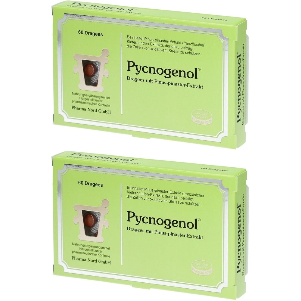 Deux boîtes vertes de Pycnogenol. Inscription : 60 dragées. Nom du produit et ingrédients imprimés. Pharma Nord GmbH.