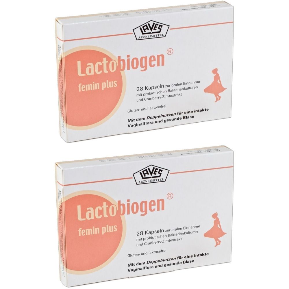 Zwei Schachteln Lactobiogen feminin plus. Weiße Verpackung mit rotem Kreis und Produktnamen. Enthält 28 Kapseln.