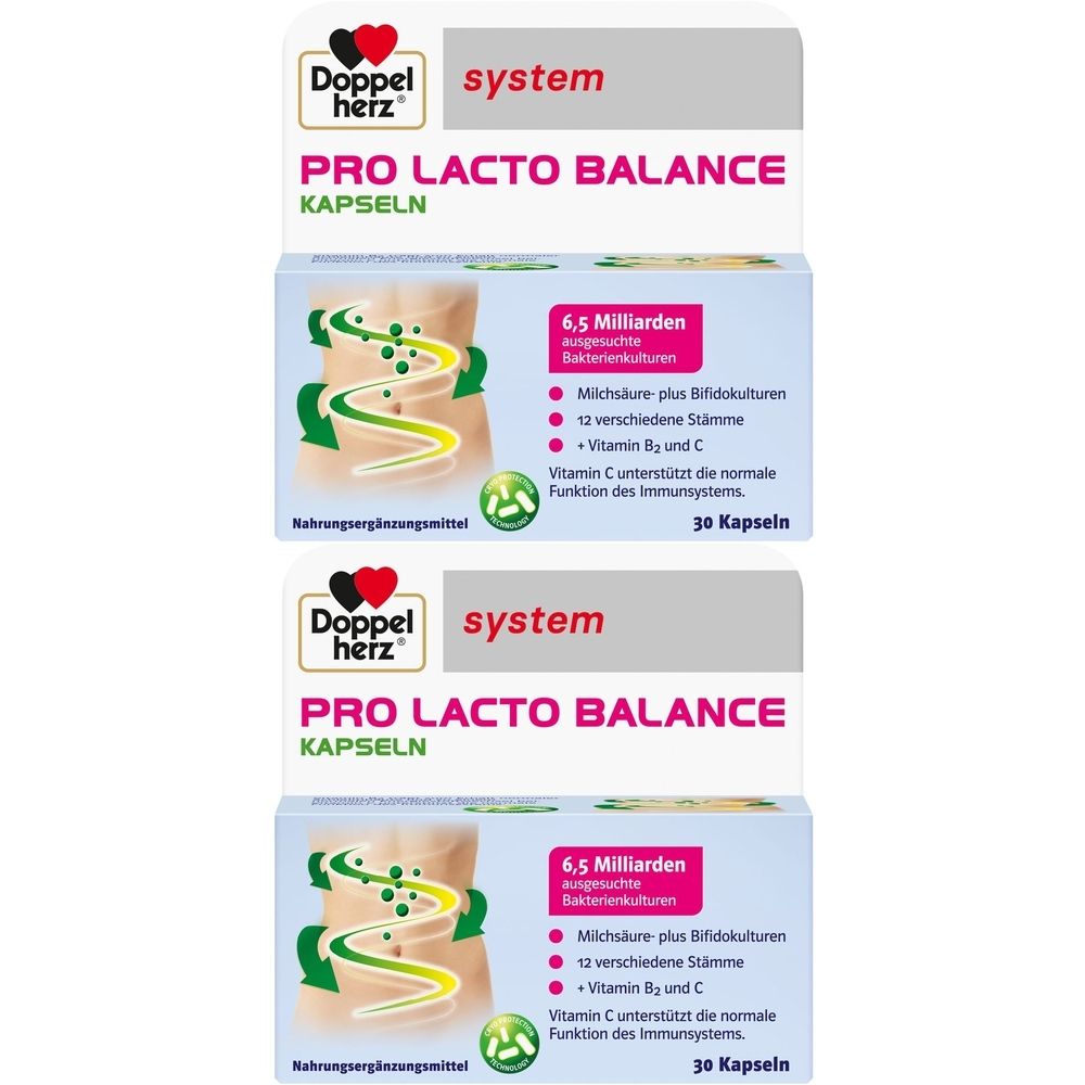 Deux boîtes de gélules Doppelherz Pro Lacto Balance. Inscription : 6,5 milliards de cultures bactériennes, 30 gélules. Contient de la vitamine B2 et C.