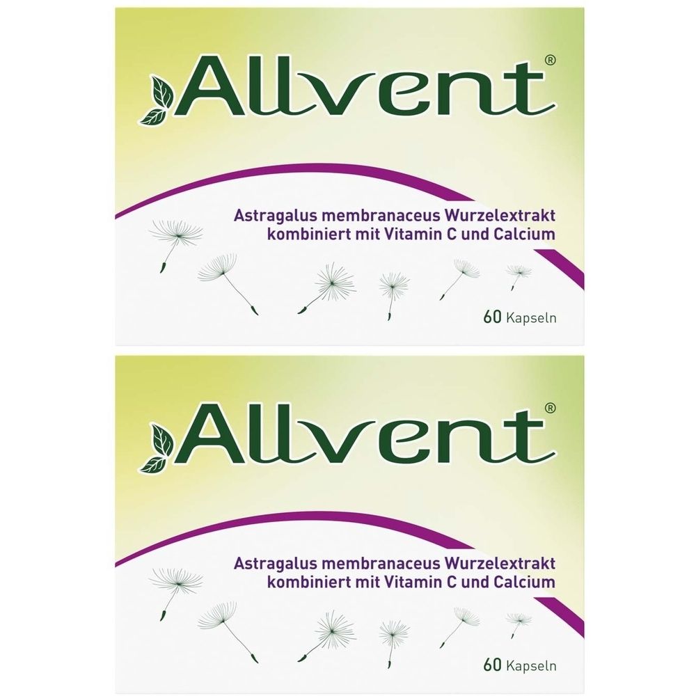 Zwei Packungen Allvent Kapseln. Aufschrift: Astragalus membranaceus Wurzelextrakt kombiniert mit Vitamin C und Calcium. 60 Kapseln.