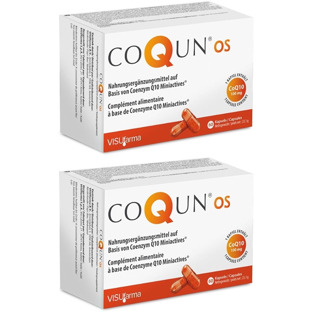 Deux boîtes de COQUN os. Inscription : Complément alimentaire à base de Coenzyme Q10 Miniactives. Contient 60 gélules. VISUfarma.