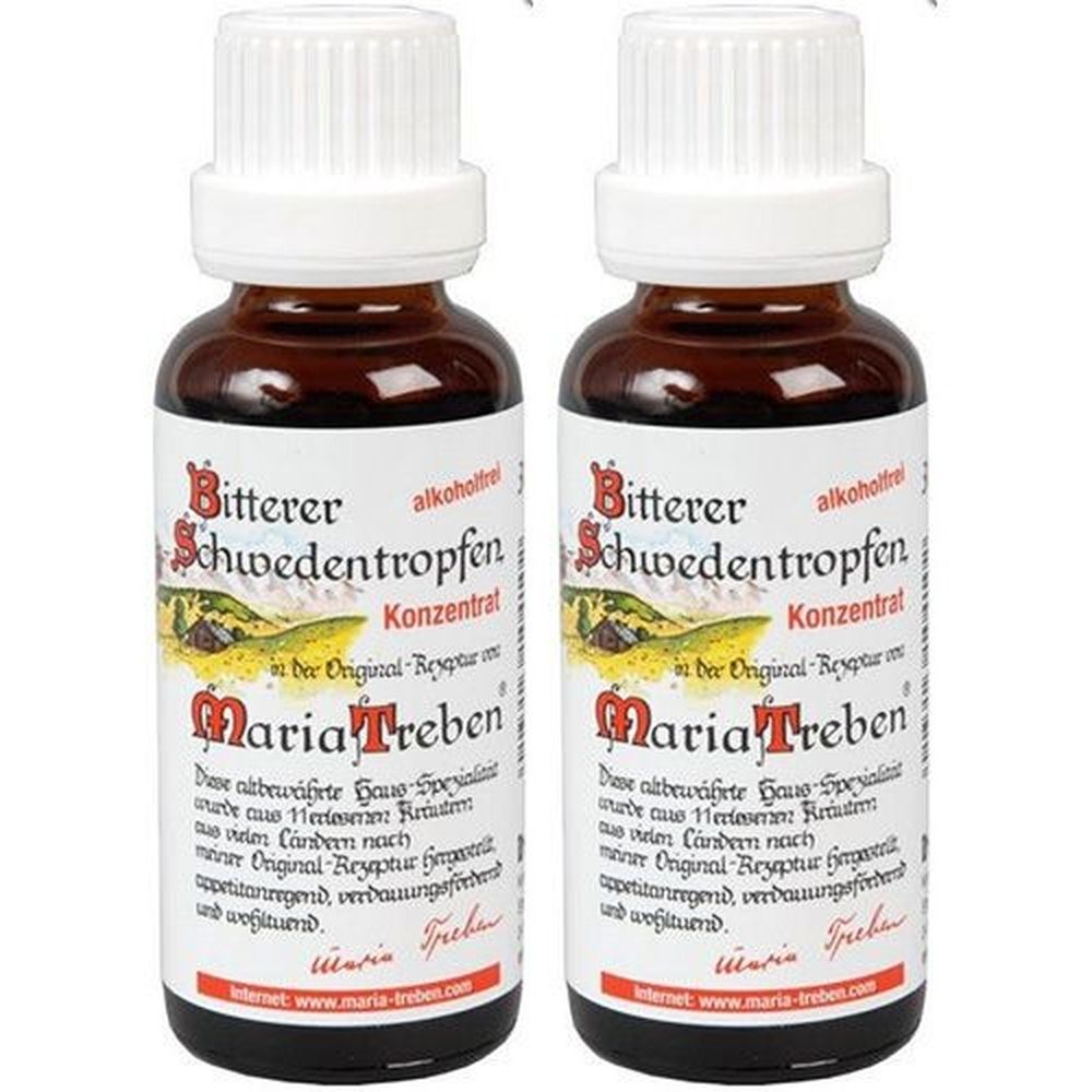 Deux flacons en verre brun avec bouchon blanc. Les étiquettes indiquent "Bitterer Schwedentropfen Konzentrat" et "Maria Treben".