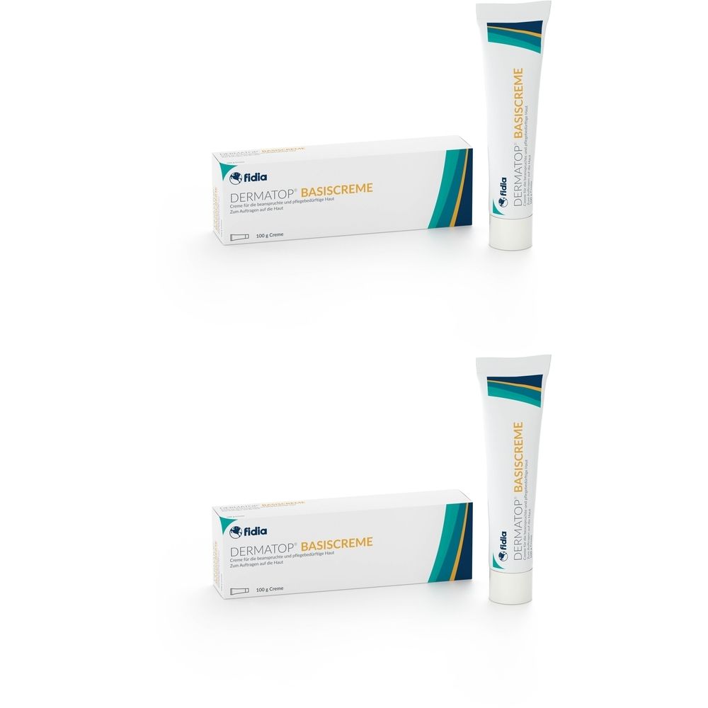 Zwei Packungen Dermatop Basiscreme. Eine Tube und eine Schachtel. Aufschrift: Dermatop Basiscreme.