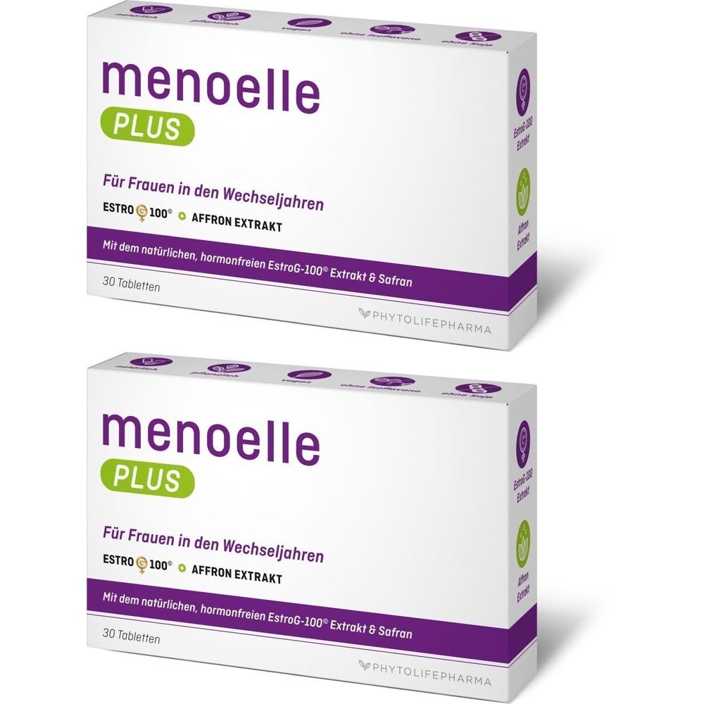 Zwei Schachteln menoelle® PLUS Tabletten. Weiße Verpackung mit lila Akzenten und grüner Schrift. Aufschrift: Für Frauen in den Wechseljahren.