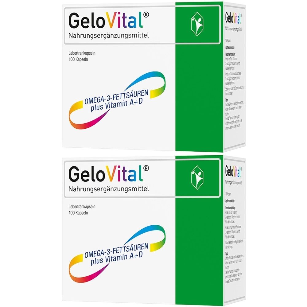 Zwei Schachteln GeloVital Nahrungsergänzungsmittel. Aufschrift: Omega-3-Fettsäuren plus Vitamin A+D. 100 Kapseln.